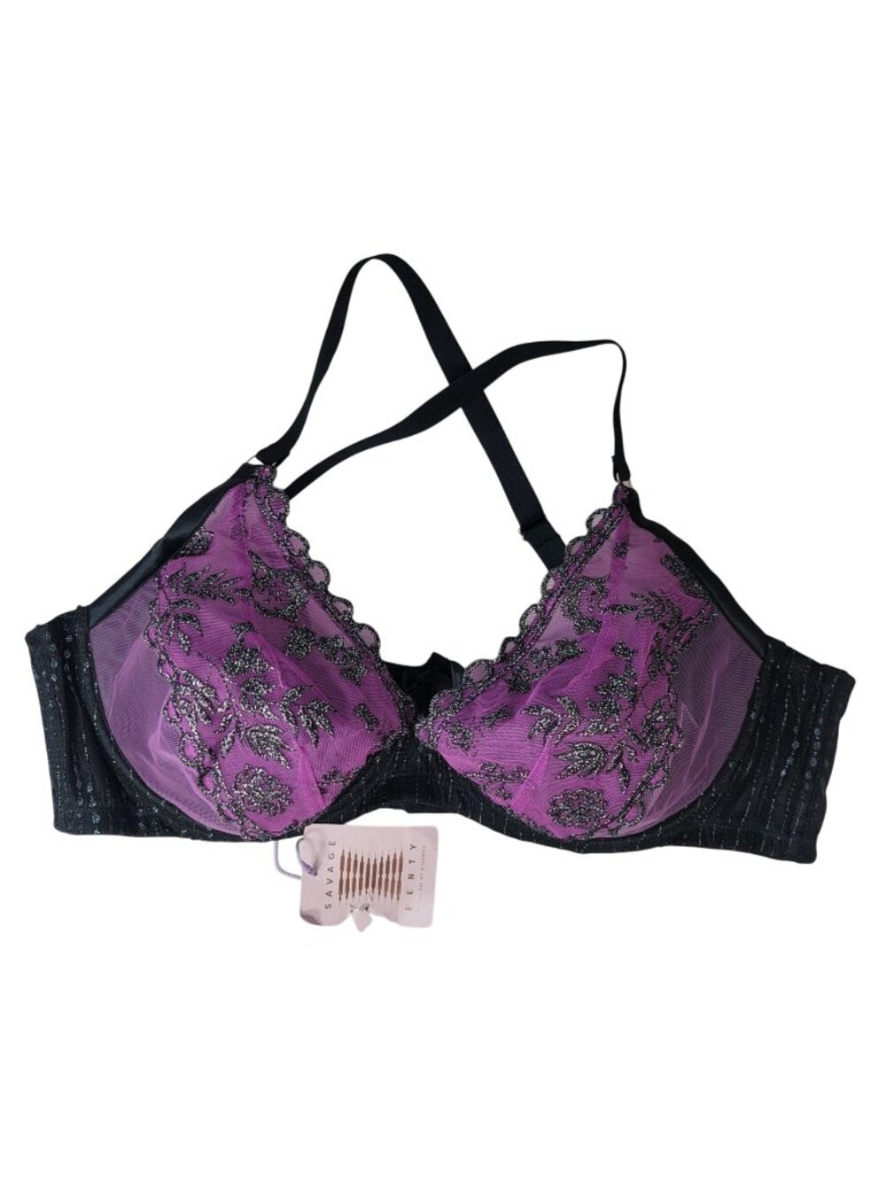 Savage X Fenty Sparkle Underwire Bra Purple Black 42DD Pad Gilded Chains NEW